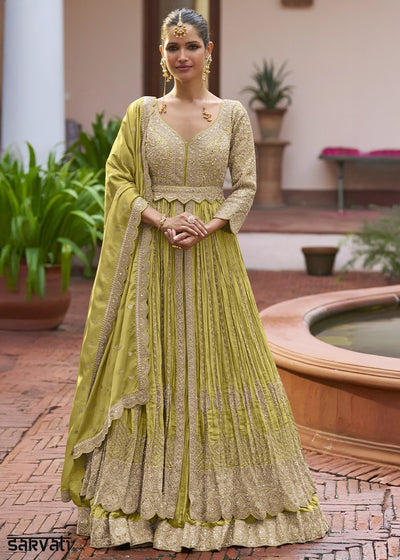 Chartreuse Green Chinon Silk Embroidered Anarkali Gown with Dupatta