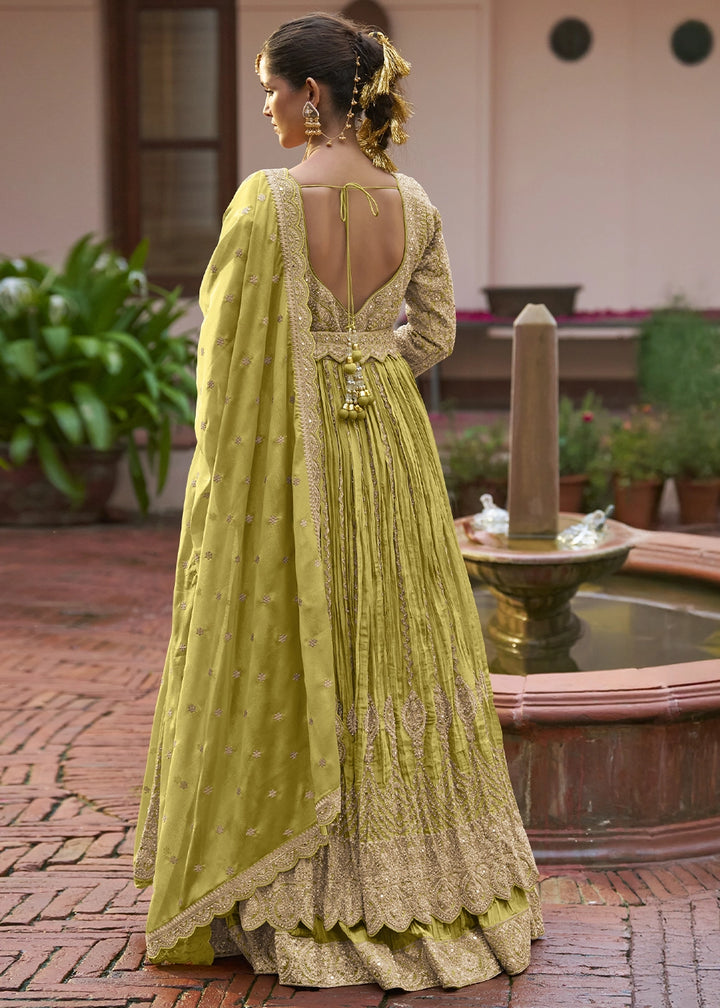 Chartreuse Green Chinon Silk Embroidered Anarkali Gown with Dupatta