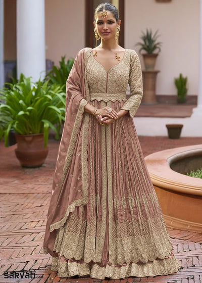 Pinkish Brown Chinon Silk Embroidered Anarkali Gown with Dupatta