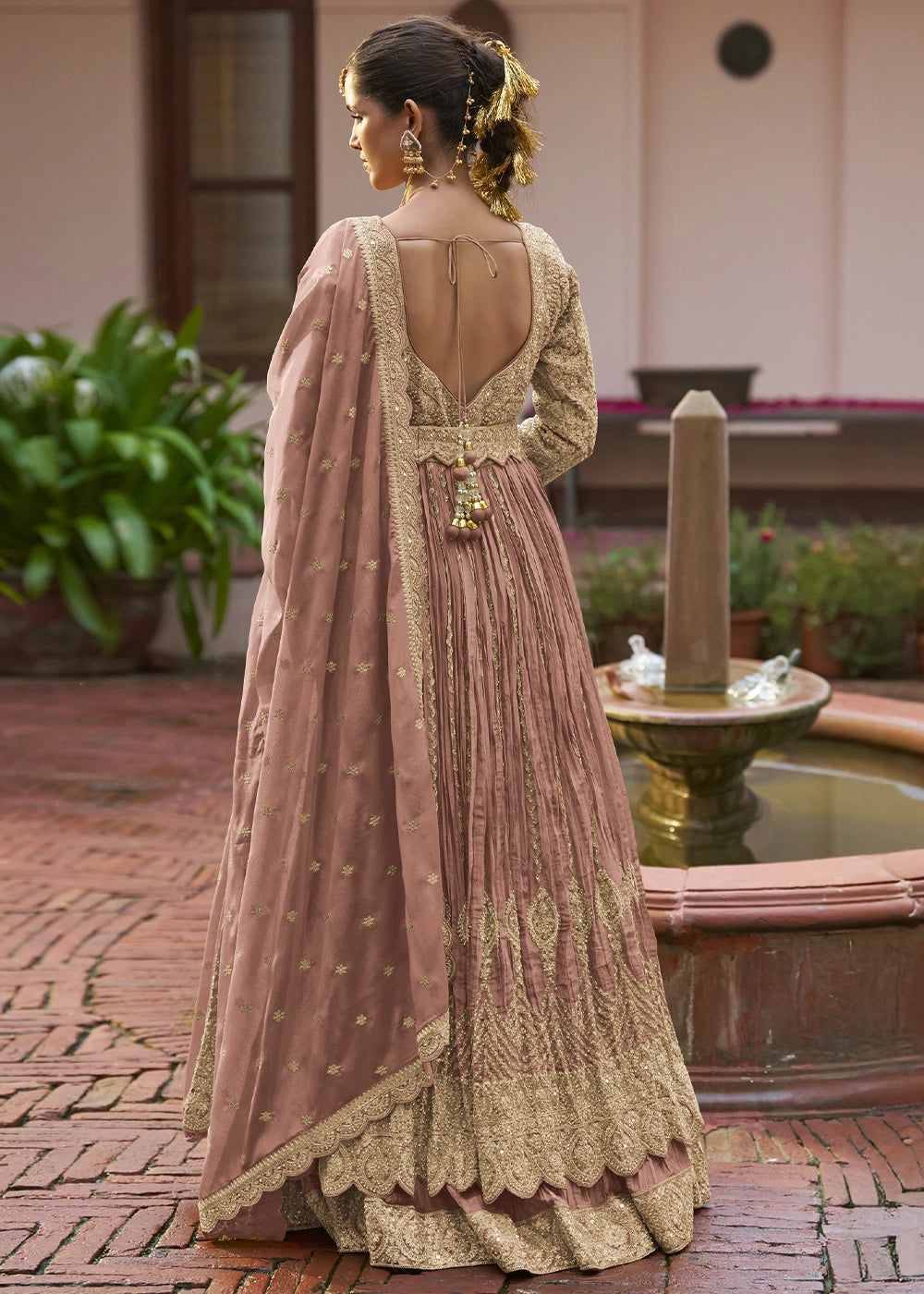 Pinkish Brown Chinon Silk Embroidered Anarkali Gown with Dupatta