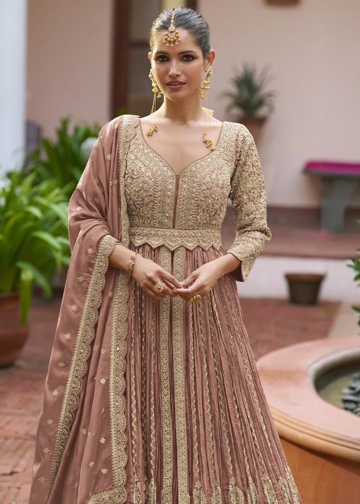 Pinkish Brown Chinon Silk Embroidered Anarkali Gown with Dupatta
