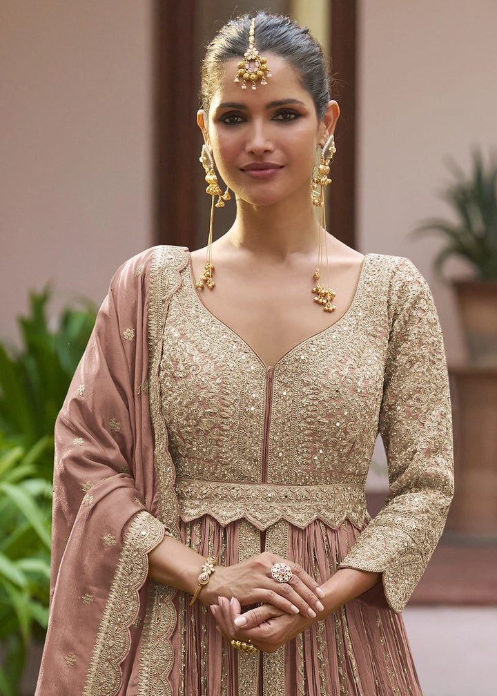 Pinkish Brown Chinon Silk Embroidered Anarkali Gown with Dupatta