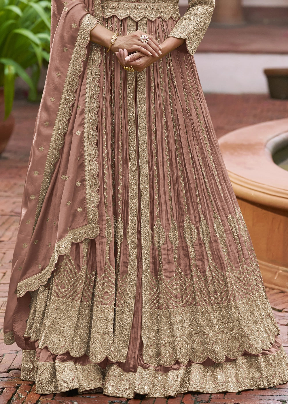 Pinkish Brown Chinon Silk Embroidered Anarkali Gown with Dupatta