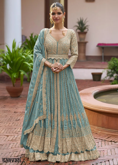 Iris Blue Chinon Silk Embroidered Anarkali Gown with Dupatta