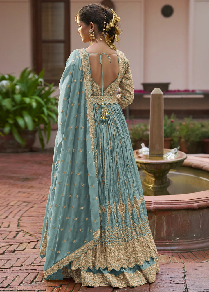 Iris Blue Chinon Silk Embroidered Anarkali Gown with Dupatta