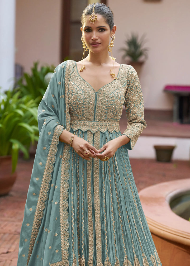 Iris Blue Chinon Silk Embroidered Anarkali Gown with Dupatta