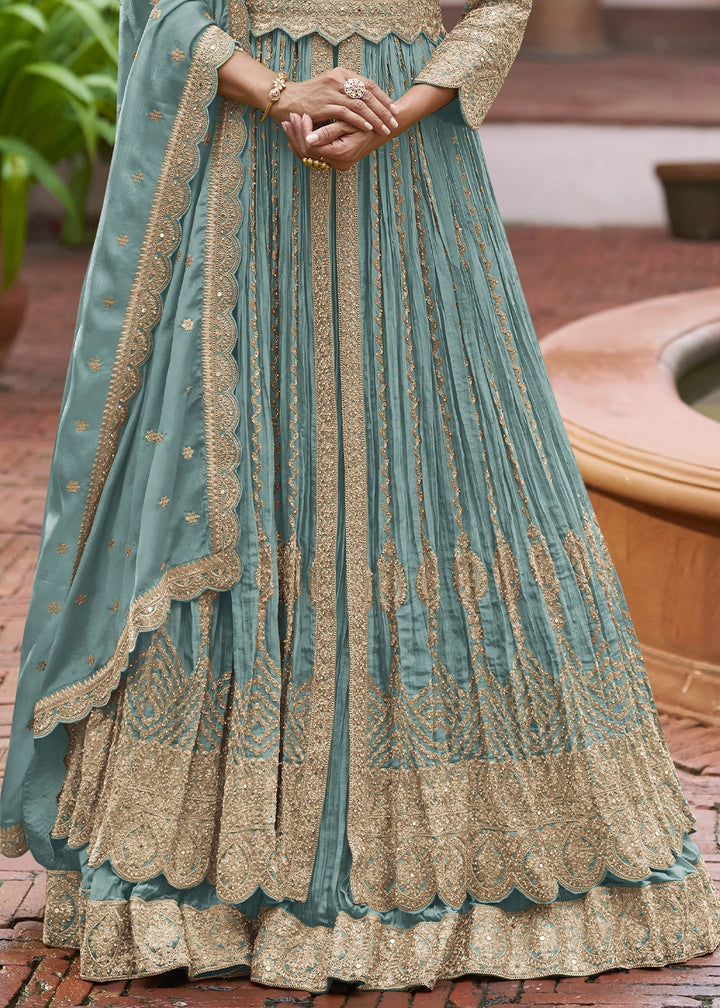 Iris Blue Chinon Silk Embroidered Anarkali Gown with Dupatta