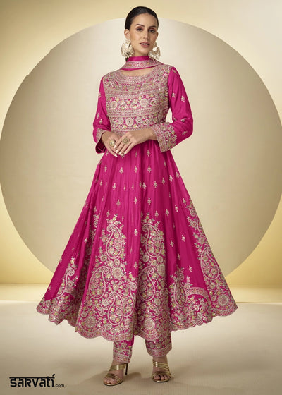 Hot Pink Chinon Silk Heavy Embroidered Gown Style Anarkali Suit with Pants