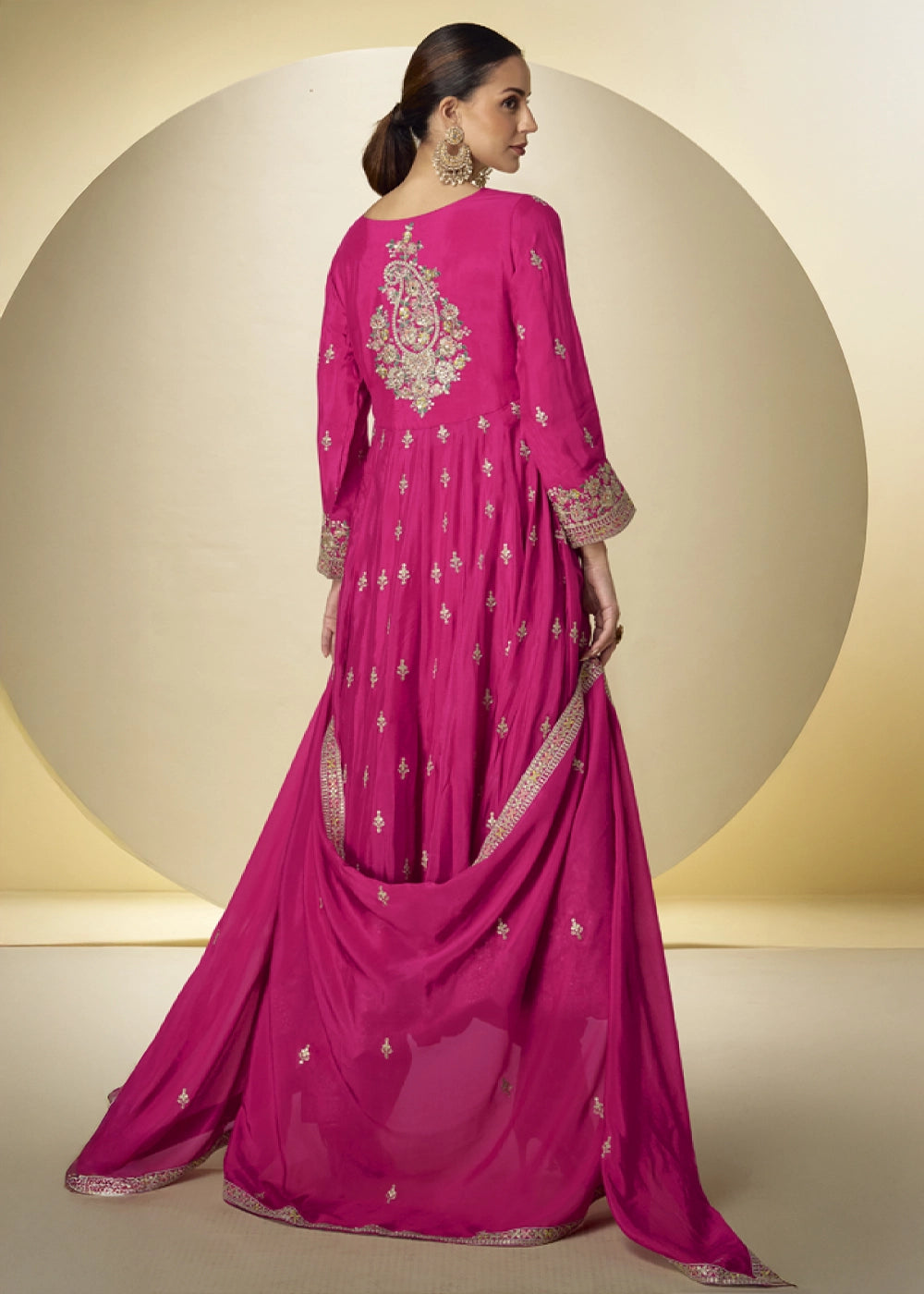 Hot Pink Chinon Silk Heavy Embroidered Gown Style Anarkali Suit with Pants
