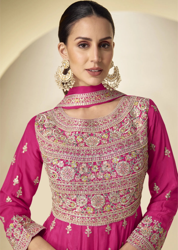 Hot Pink Chinon Silk Heavy Embroidered Gown Style Anarkali Suit with Pants