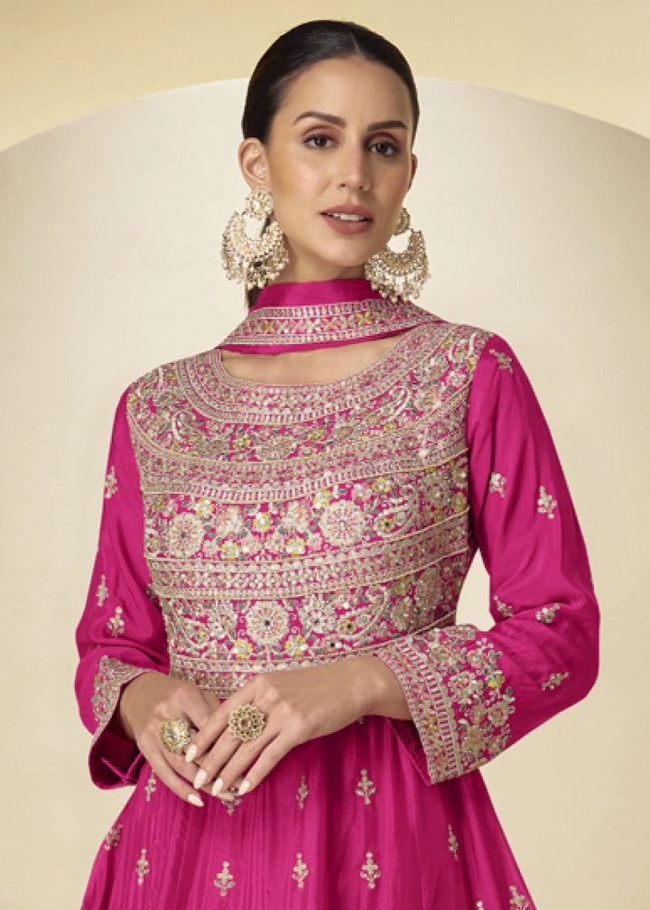 Hot Pink Chinon Silk Heavy Embroidered Gown Style Anarkali Suit with Pants