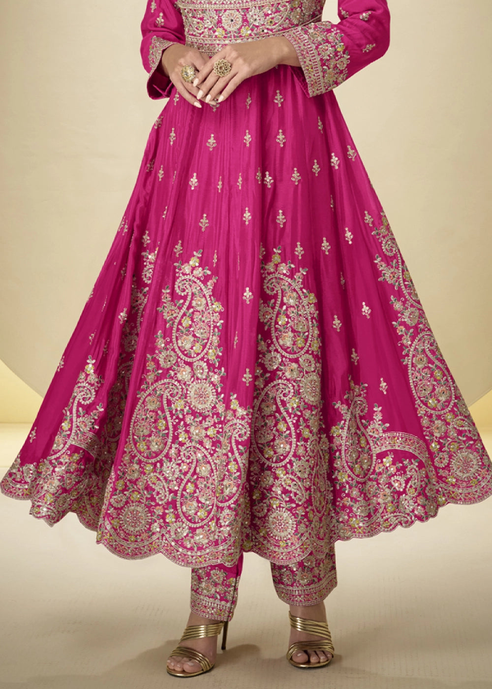 Hot Pink Chinon Silk Heavy Embroidered Gown Style Anarkali Suit with Pants