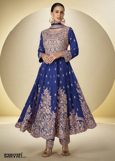 Berry Blue Chinon Silk Heavy Embroidered Gown Style Anarkali Suit with Pants
