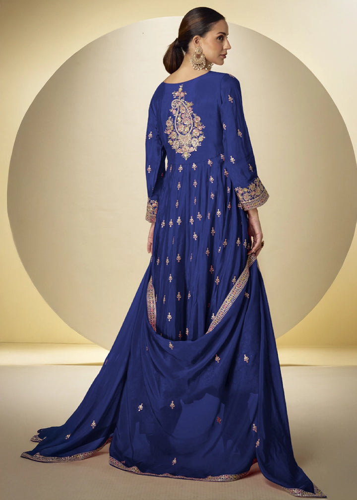 Berry Blue Chinon Silk Heavy Embroidered Gown Style Anarkali Suit with Pants