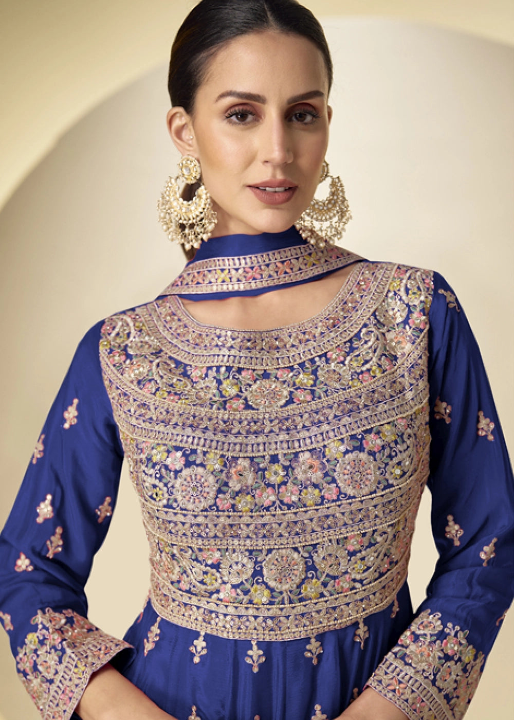 Berry Blue Chinon Silk Heavy Embroidered Gown Style Anarkali Suit with Pants