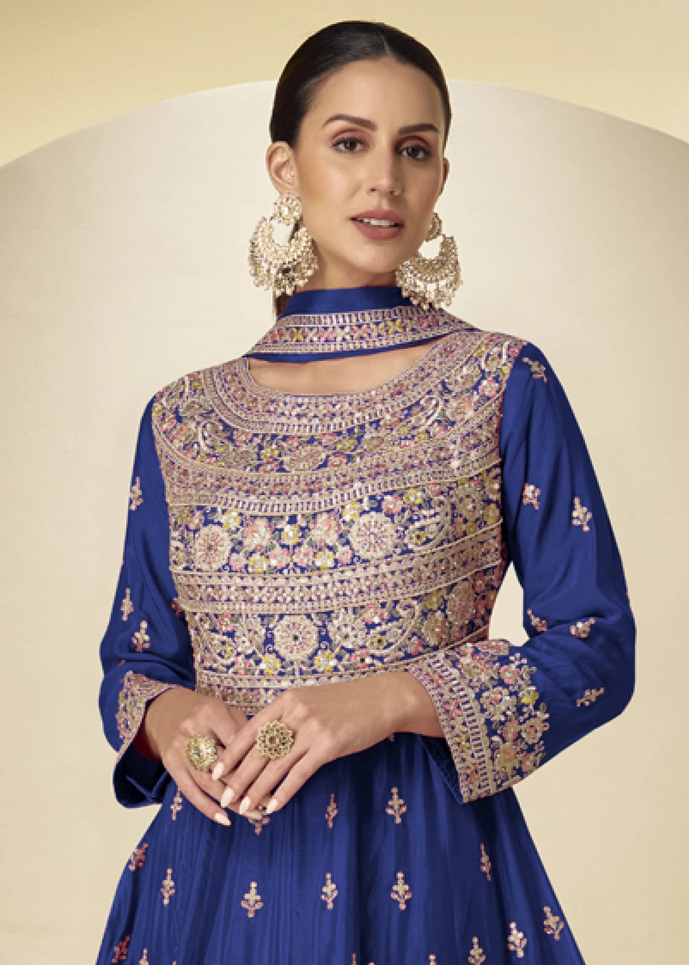 Berry Blue Chinon Silk Heavy Embroidered Gown Style Anarkali Suit with Pants