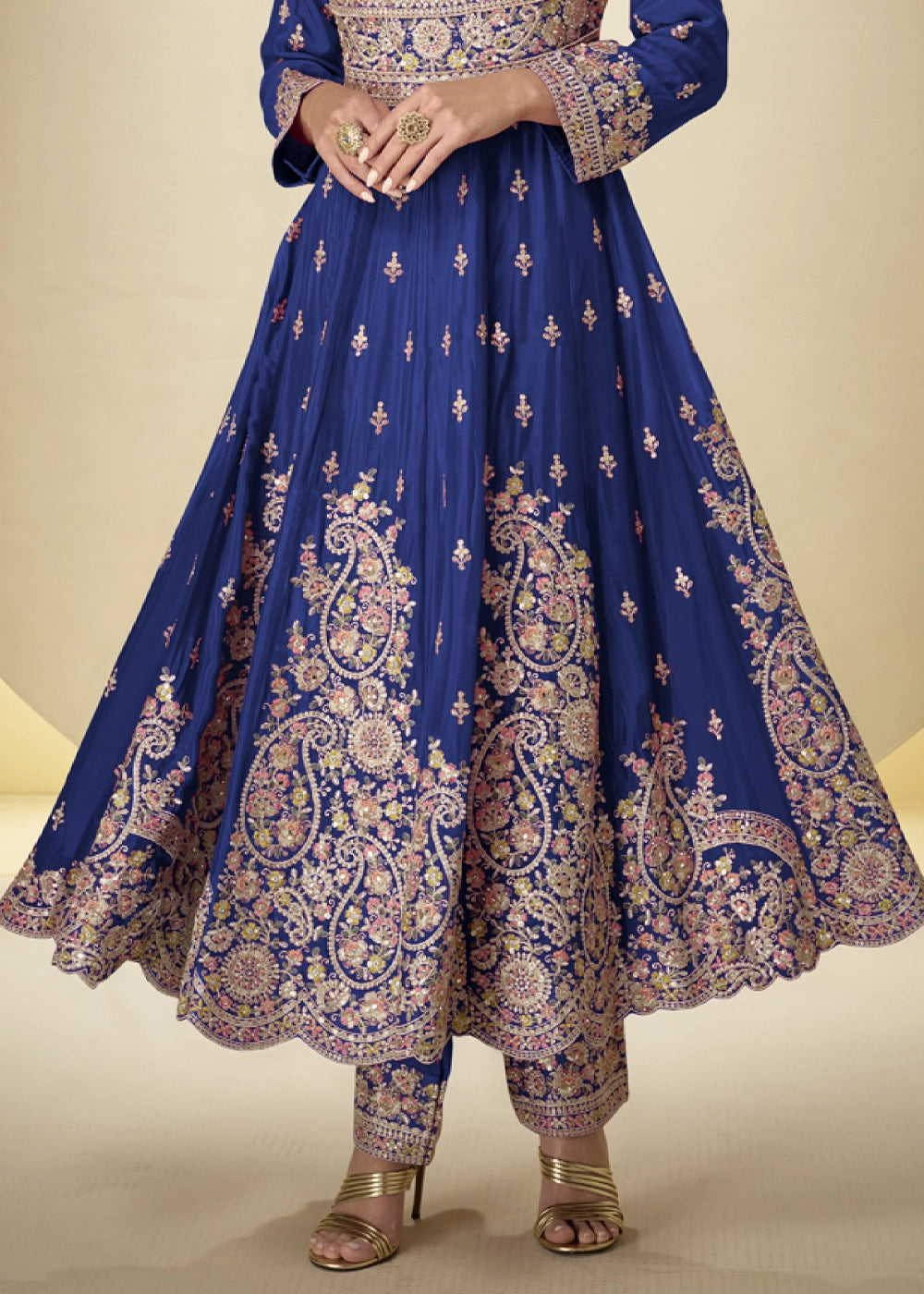 Berry Blue Chinon Silk Heavy Embroidered Gown Style Anarkali Suit with Pants