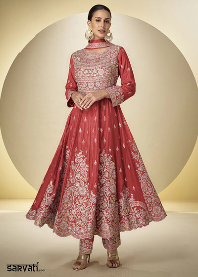 Vermillion Orange Chinon Silk Heavy Embroidered Gown Style Anarkali Suit with Pants