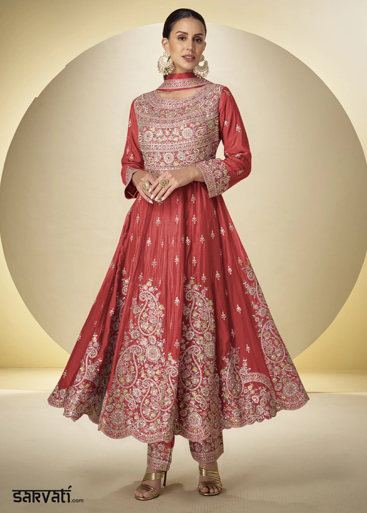 Vermillion Orange Chinon Silk Heavy Embroidered Gown Style Anarkali Suit with Pants