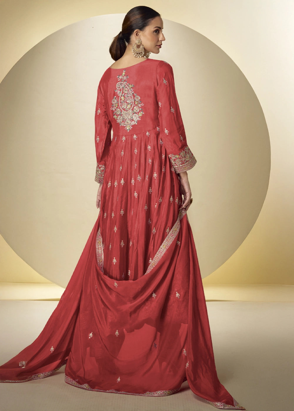 Vermillion Orange Chinon Silk Heavy Embroidered Gown Style Anarkali Suit with Pants