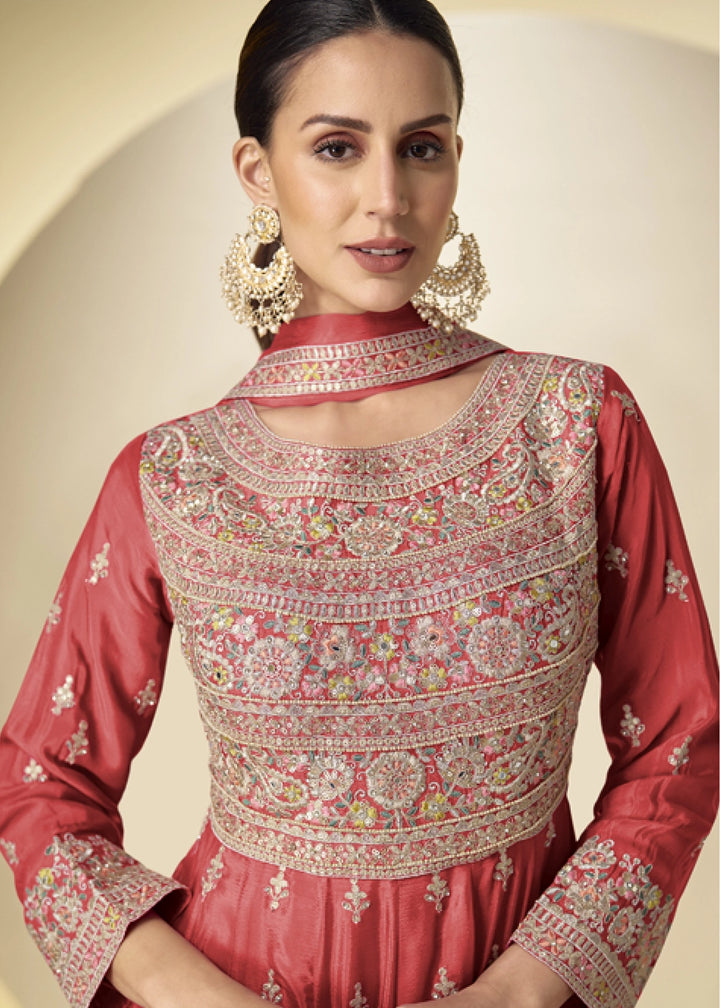 Vermillion Orange Chinon Silk Heavy Embroidered Gown Style Anarkali Suit with Pants