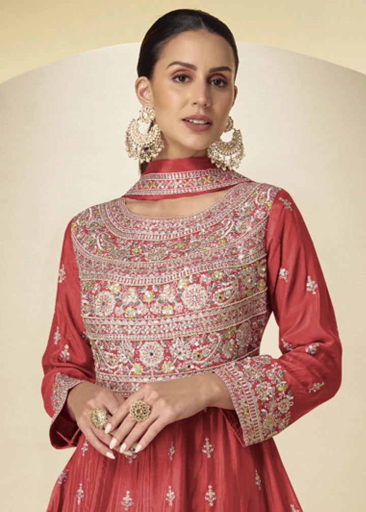 Vermillion Orange Chinon Silk Heavy Embroidered Gown Style Anarkali Suit with Pants