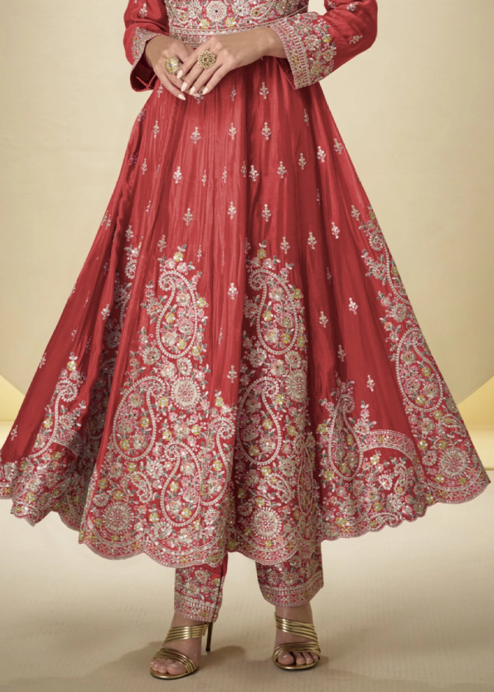 Vermillion Orange Chinon Silk Heavy Embroidered Gown Style Anarkali Suit with Pants
