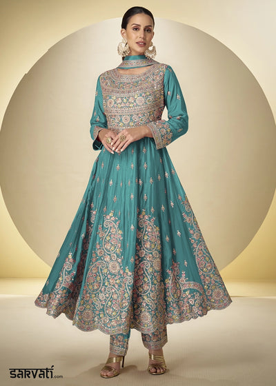 Cerulean Blue Chinon Silk Heavy Embroidered Gown Style Anarkali Suit with Pants