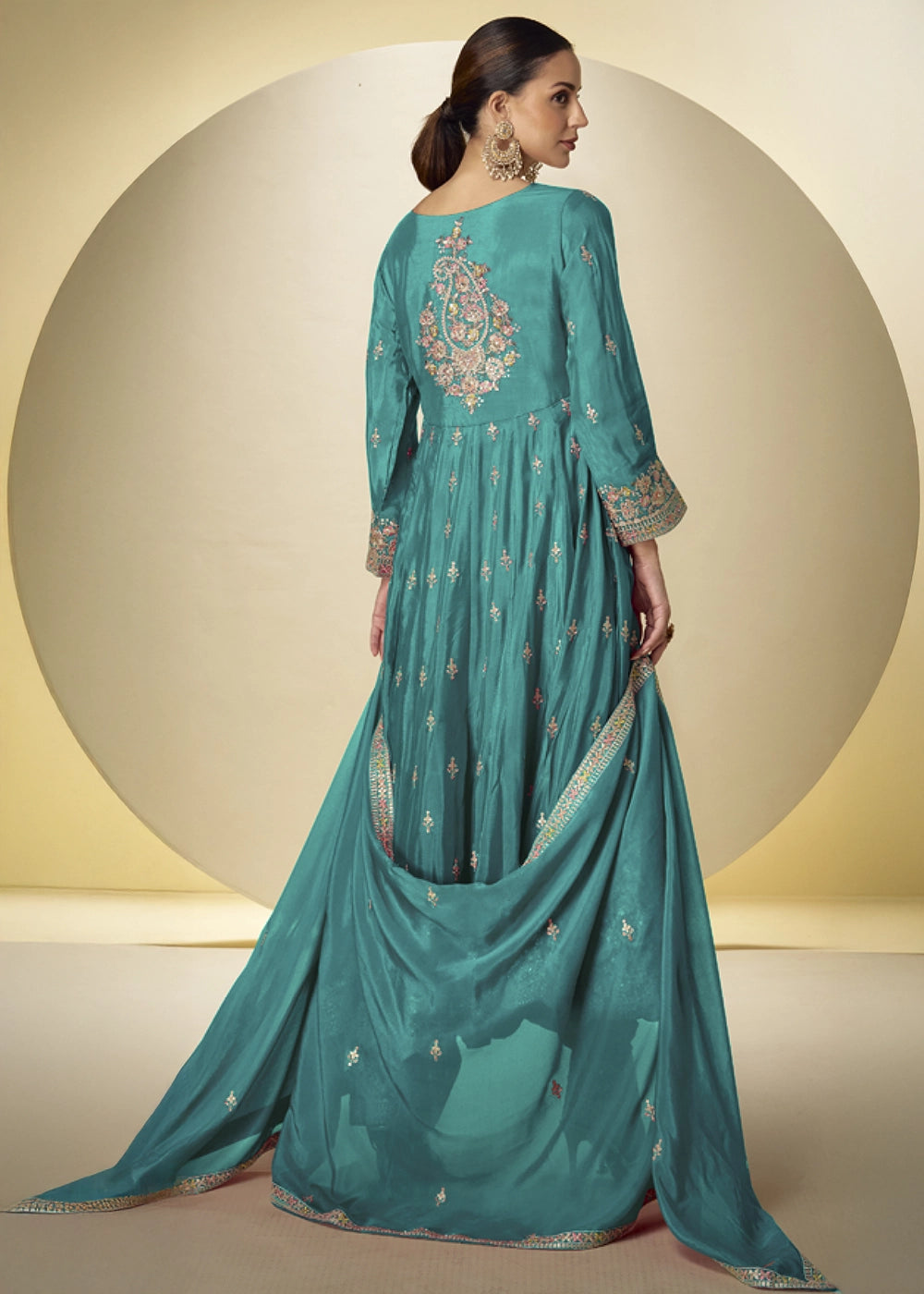 Cerulean Blue Chinon Silk Heavy Embroidered Gown Style Anarkali Suit with Pants