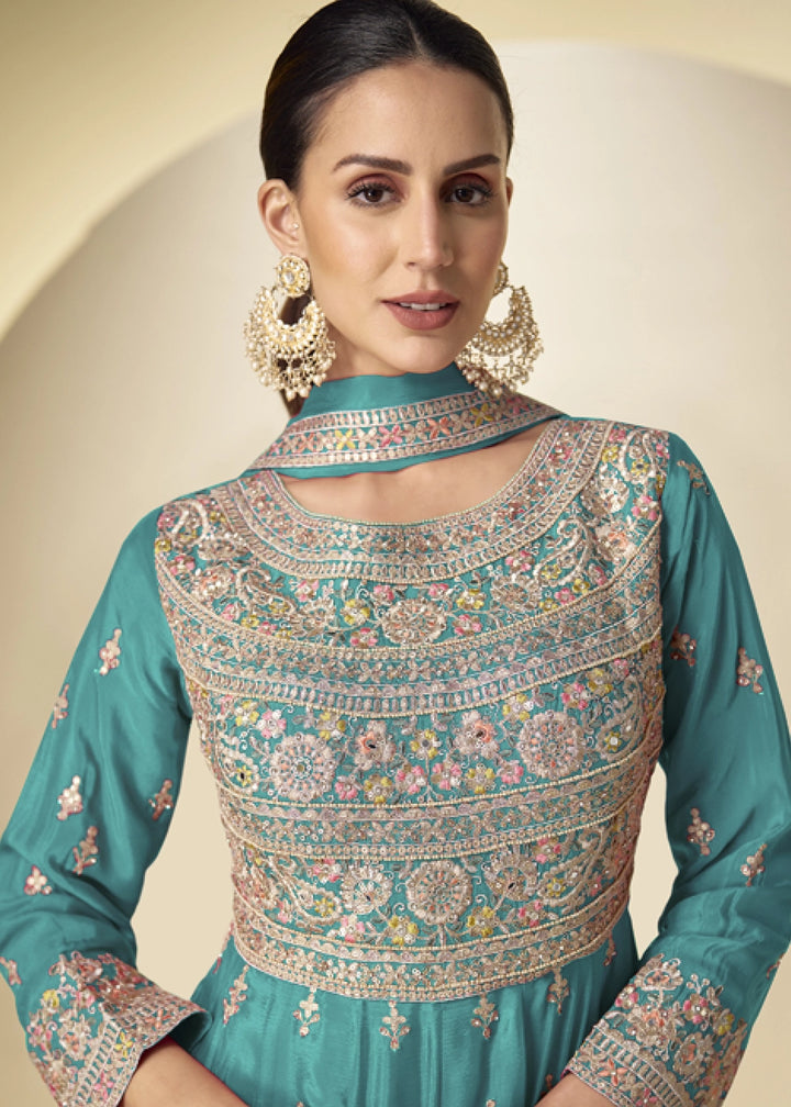 Cerulean Blue Chinon Silk Heavy Embroidered Gown Style Anarkali Suit with Pants