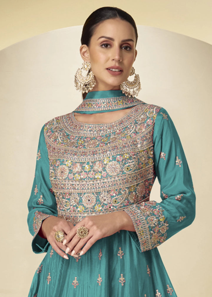 Cerulean Blue Chinon Silk Heavy Embroidered Gown Style Anarkali Suit with Pants