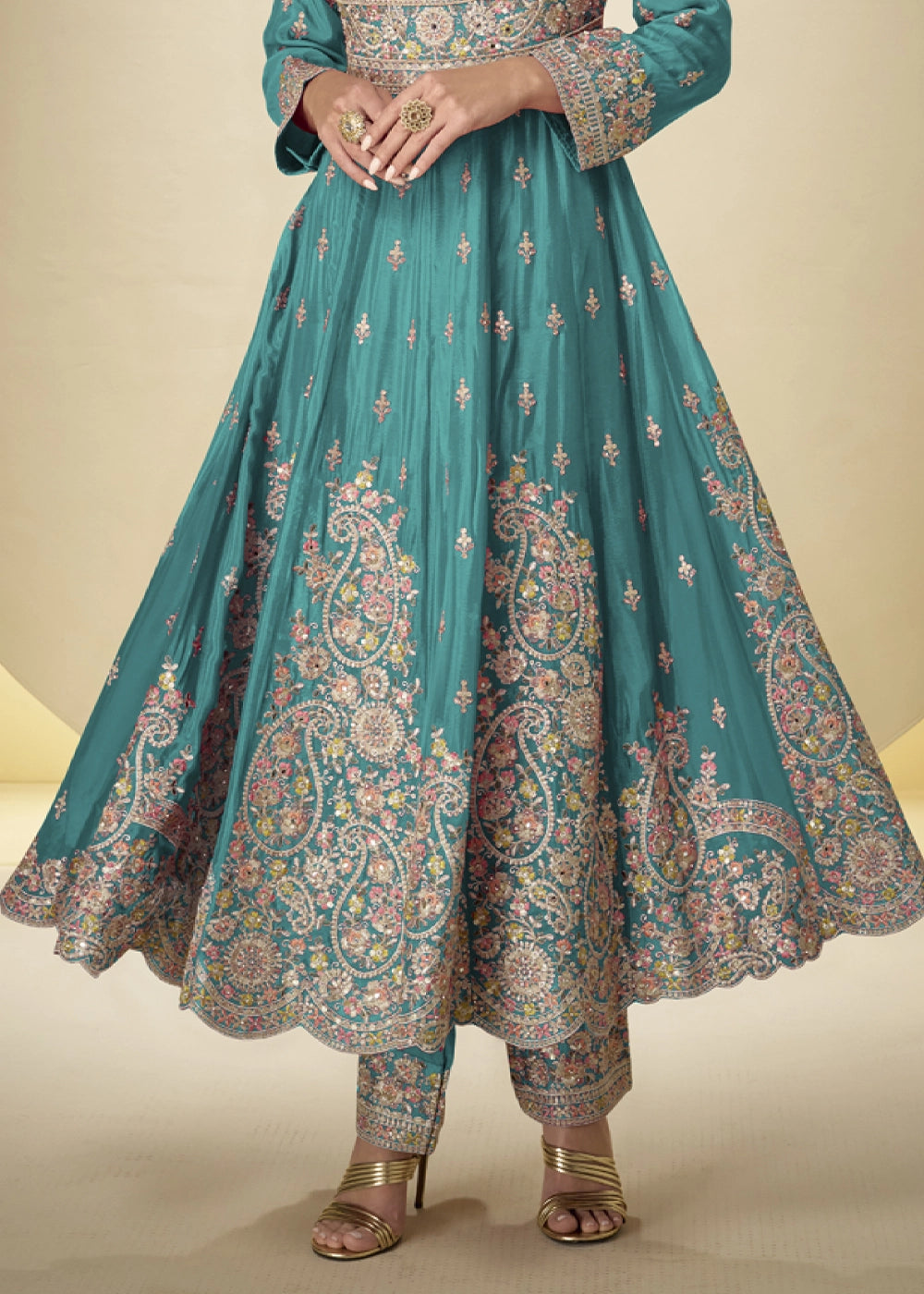 Cerulean Blue Chinon Silk Heavy Embroidered Gown Style Anarkali Suit with Pants
