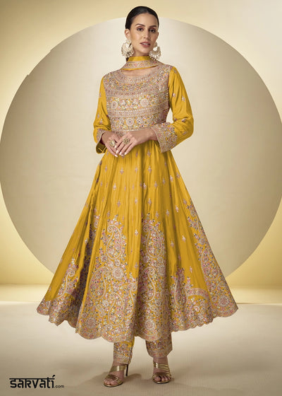 Amber Yellow Chinon Silk Heavy Embroidered Gown Style Anarkali Suit with Pants