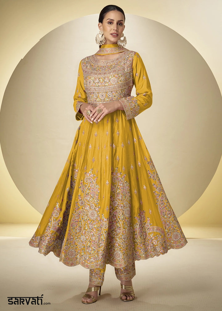 Amber Yellow Chinon Silk Heavy Embroidered Gown Style Anarkali Suit with Pants
