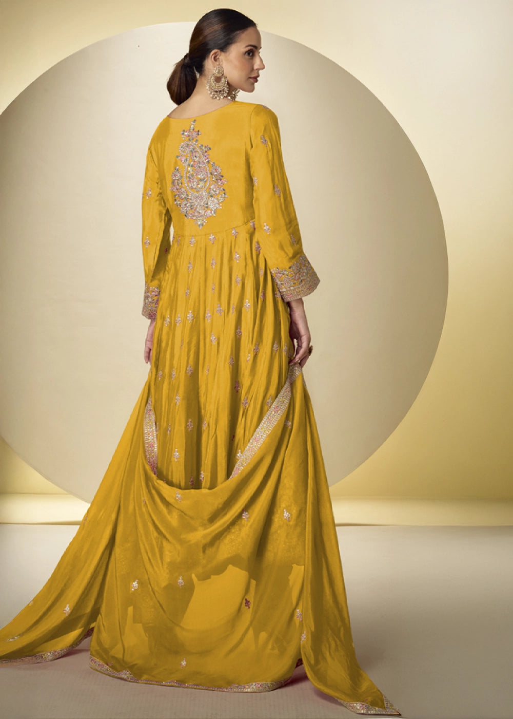 Amber Yellow Chinon Silk Heavy Embroidered Gown Style Anarkali Suit with Pants