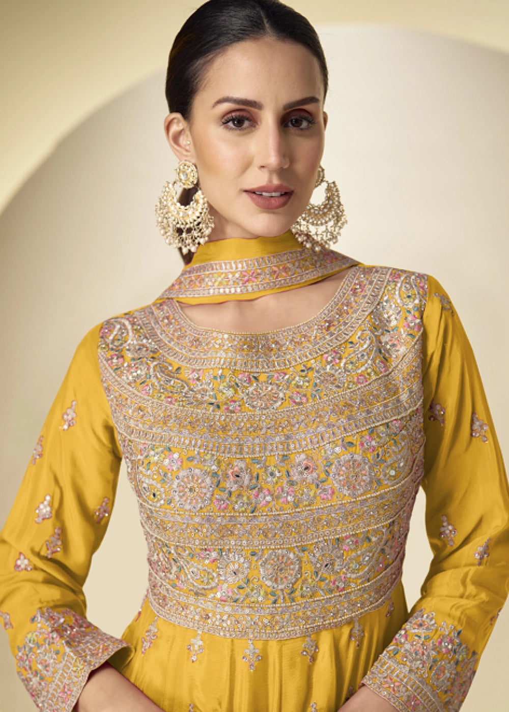 Amber Yellow Chinon Silk Heavy Embroidered Gown Style Anarkali Suit with Pants