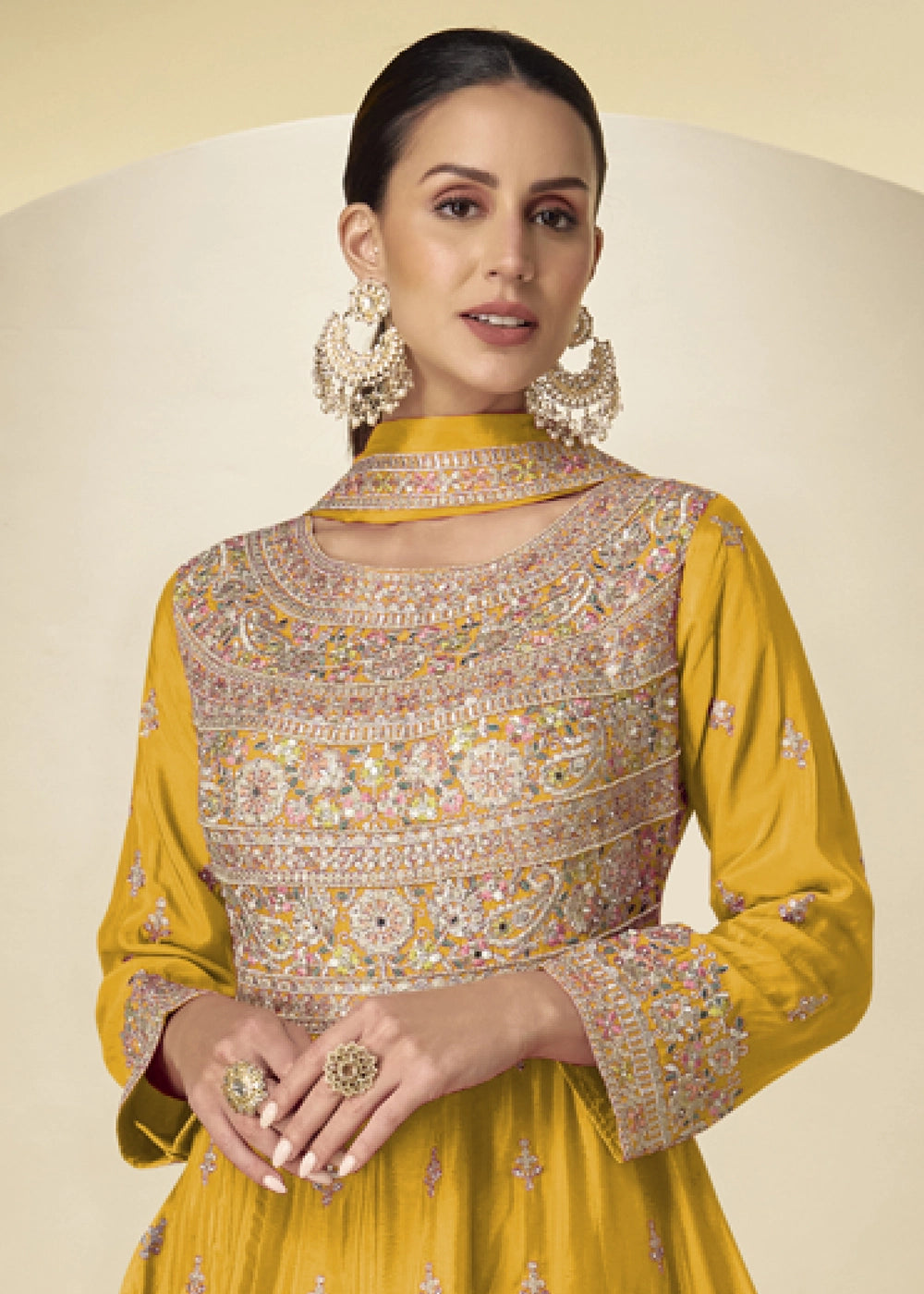 Amber Yellow Chinon Silk Heavy Embroidered Gown Style Anarkali Suit with Pants