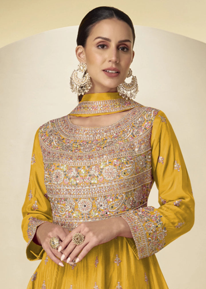Amber Yellow Chinon Silk Heavy Embroidered Gown Style Anarkali Suit with Pants