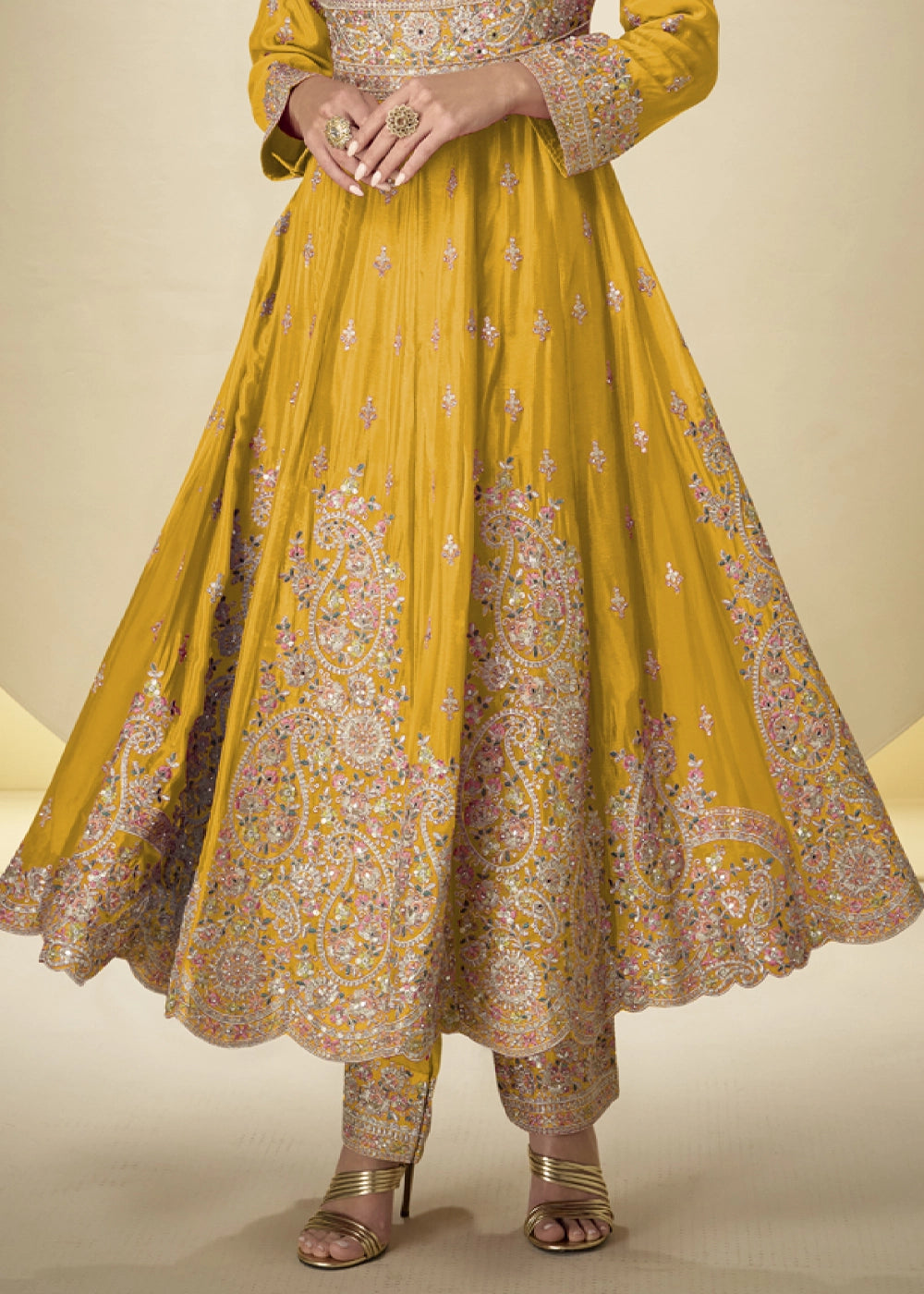 Amber Yellow Chinon Silk Heavy Embroidered Gown Style Anarkali Suit with Pants