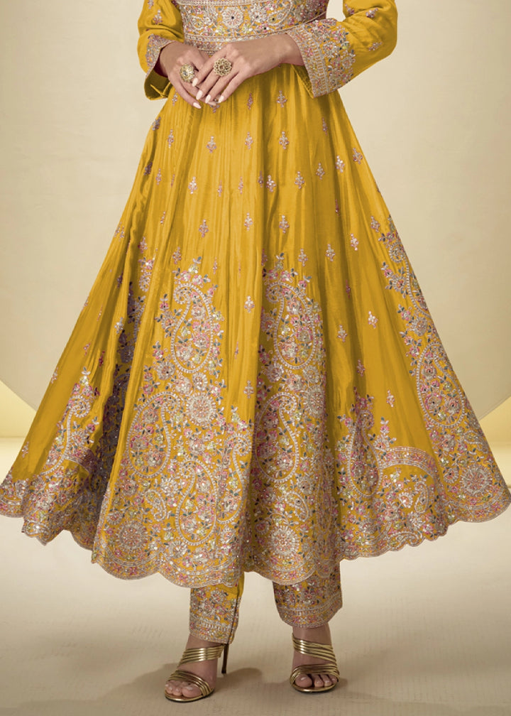 Amber Yellow Chinon Silk Heavy Embroidered Gown Style Anarkali Suit with Pants