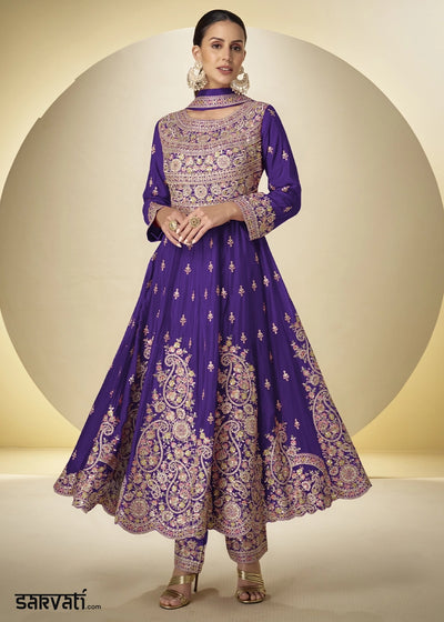 Indigo Purple Chinon Silk Heavy Embroidered Gown Style Anarkali Suit with Pants