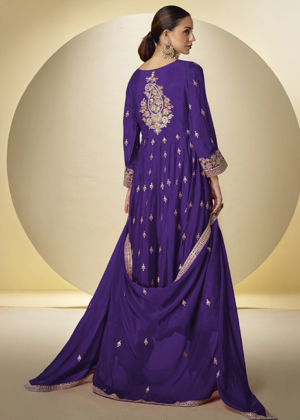 Indigo Purple Chinon Silk Heavy Embroidered Gown Style Anarkali Suit with Pants