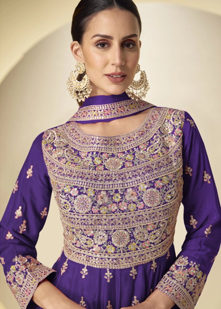 Indigo Purple Chinon Silk Heavy Embroidered Gown Style Anarkali Suit with Pants