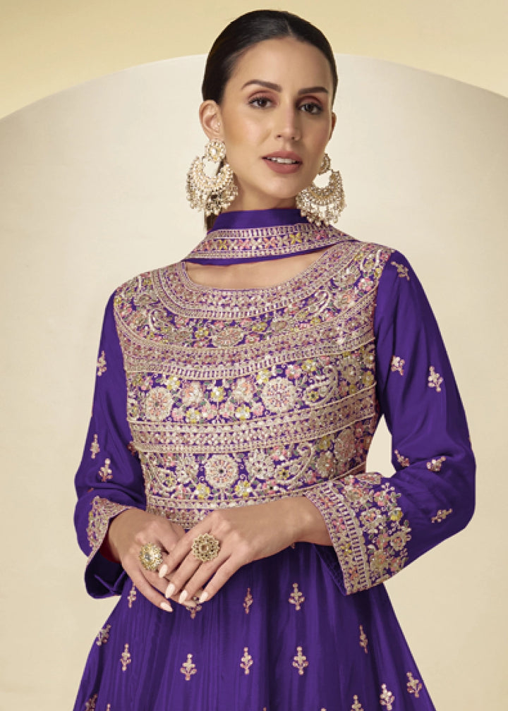 Indigo Purple Chinon Silk Heavy Embroidered Gown Style Anarkali Suit with Pants