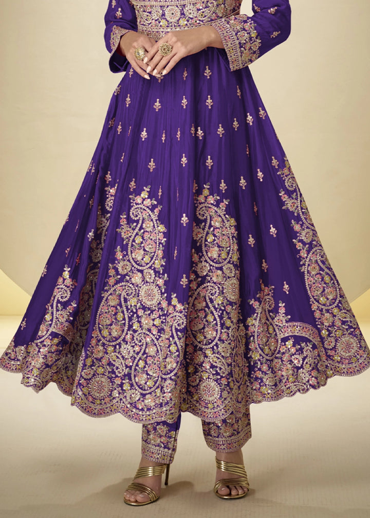 Indigo Purple Chinon Silk Heavy Embroidered Gown Style Anarkali Suit with Pants