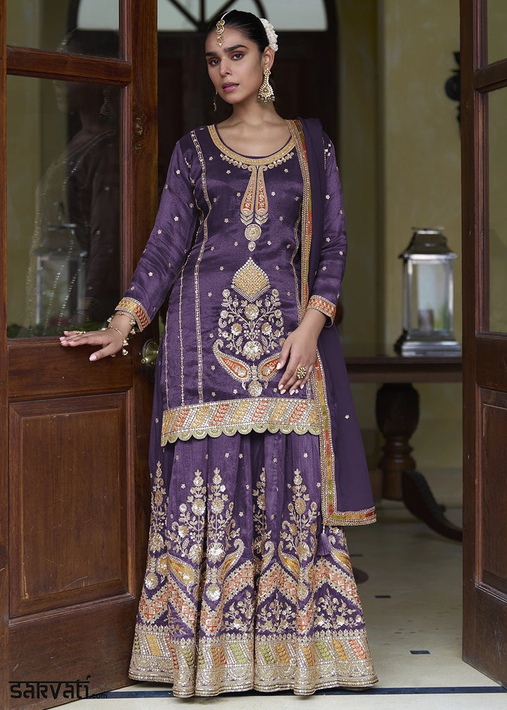 Royal Purple Simar Silk Skirt & Top Set with Fine Embroidery