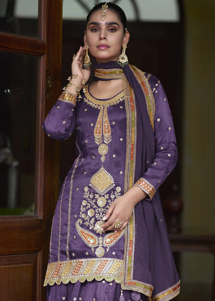 Royal Purple Simar Silk Skirt & Top Set with Fine Embroidery