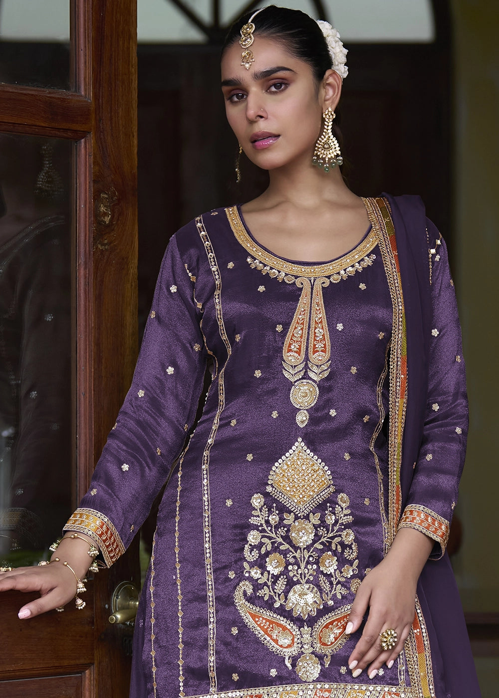 Royal Purple Simar Silk Skirt & Top Set with Fine Embroidery