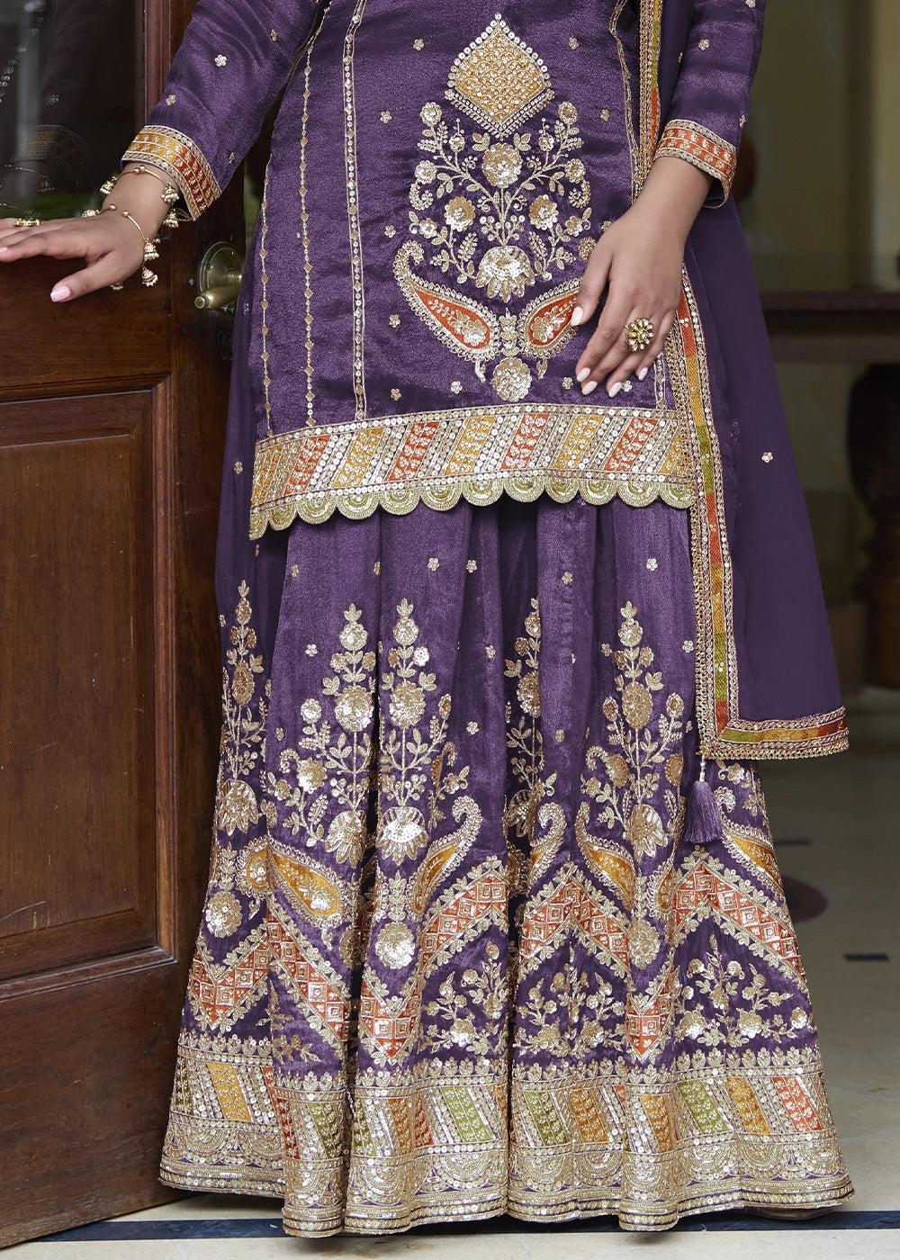 Royal Purple Simar Silk Skirt & Top Set with Fine Embroidery