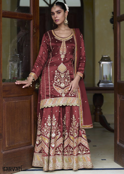 Maroon Red Simar Silk Skirt & Top Set with Fine Embroidery